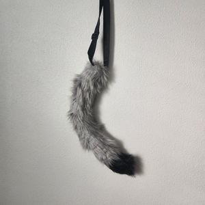 Cosplay Faux Fur Costume Cat Tail Gray And Black Adjustable Belt Up To 42 Inches